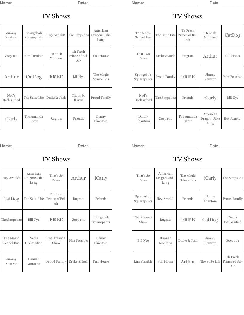 TV Shows  Bingo Cards