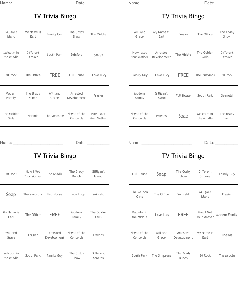 TV Trivia Bingo