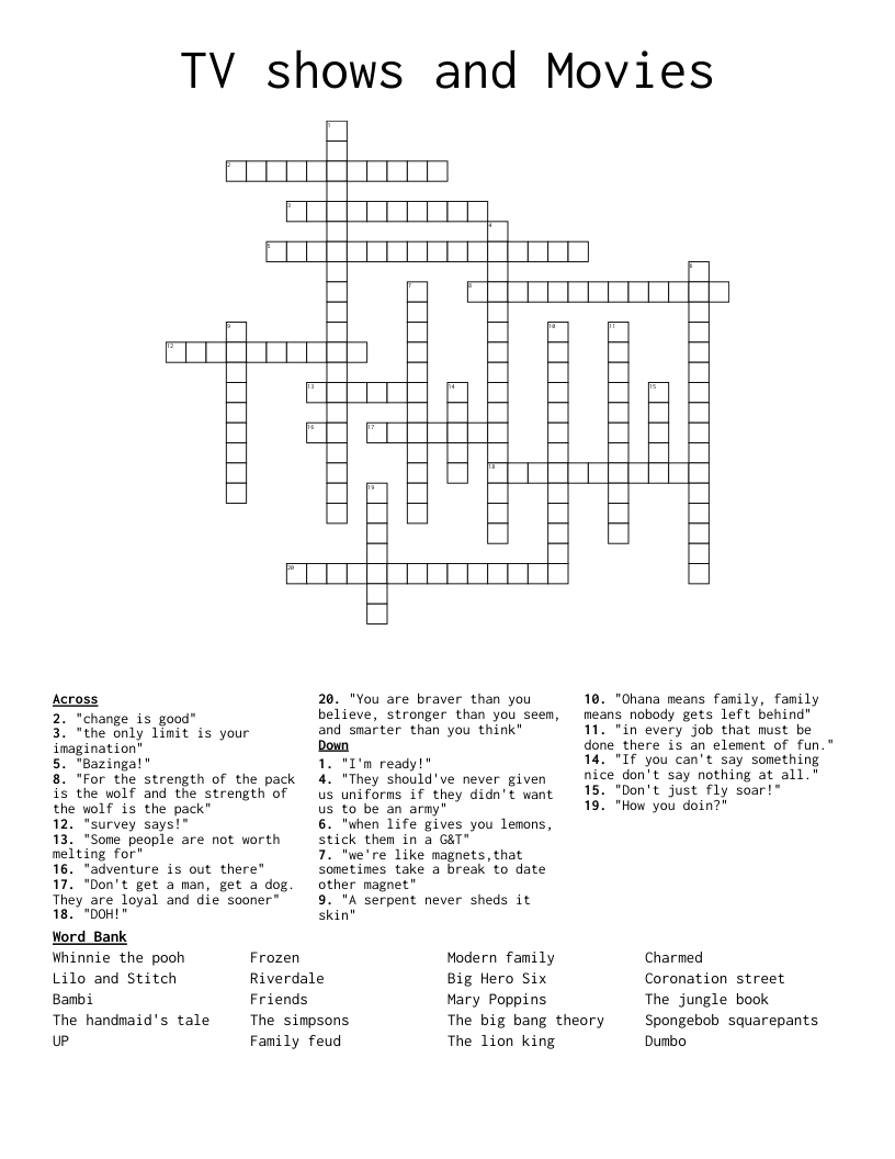 TV shows and Movies Crossword