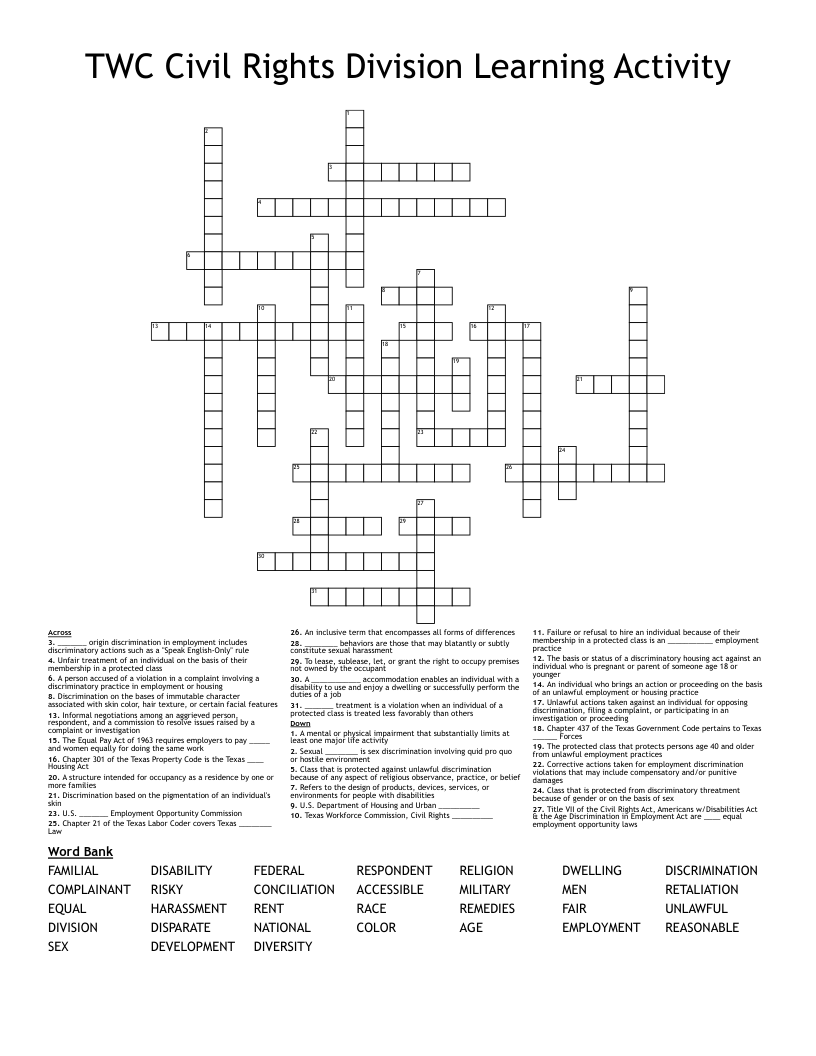 TWC Civil Rights Division Learning Activity Crossword