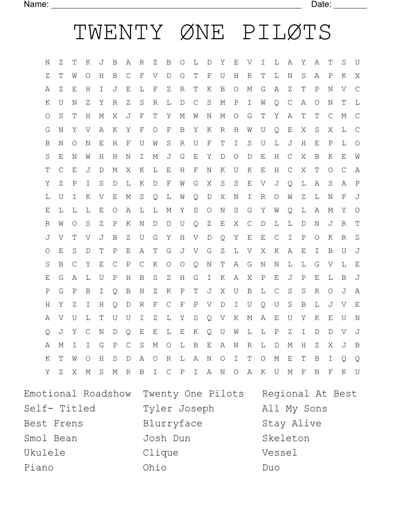 TWENTY ØNE PILØTS Word Search