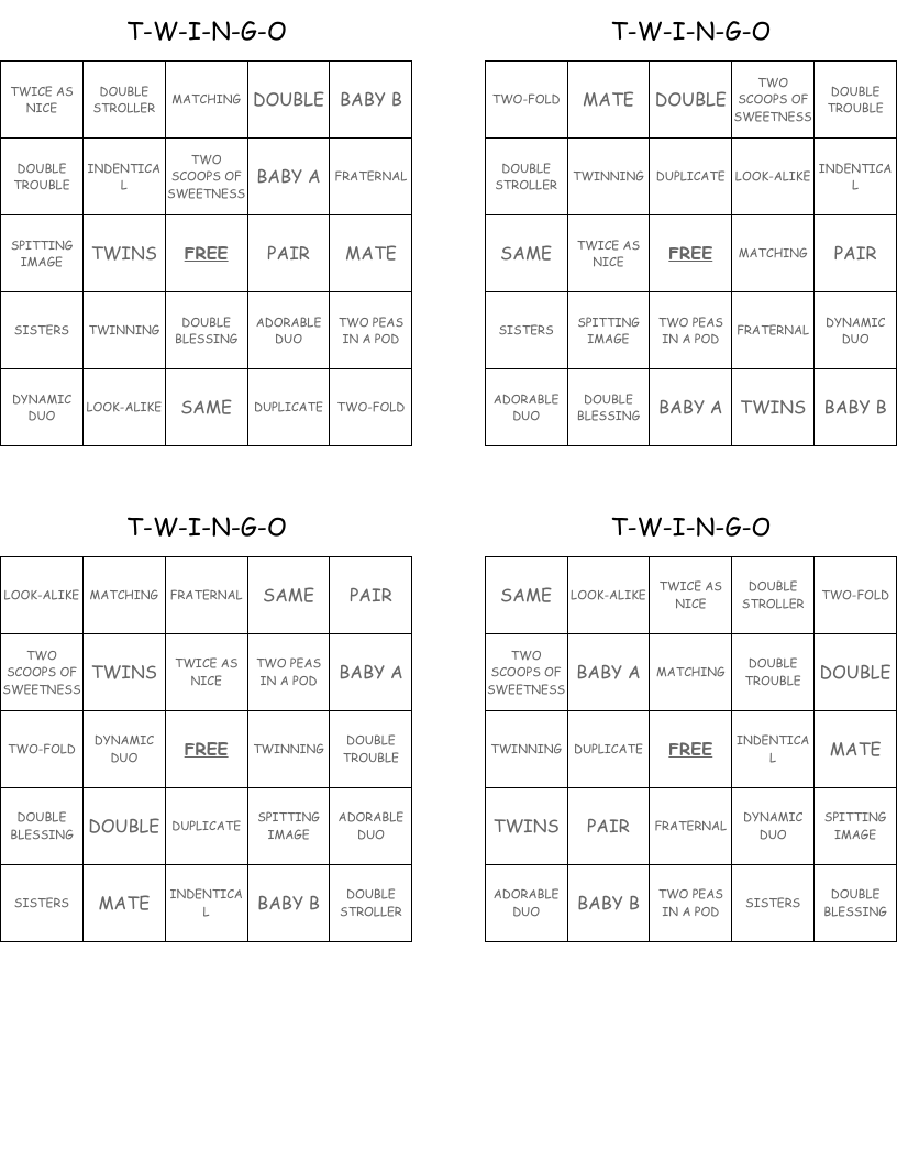 T-W-I-N-G-O Bingo Cards