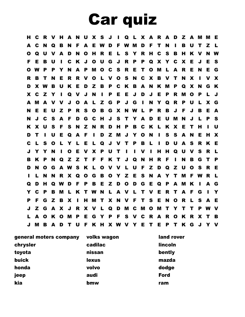 Car quiz Word Search