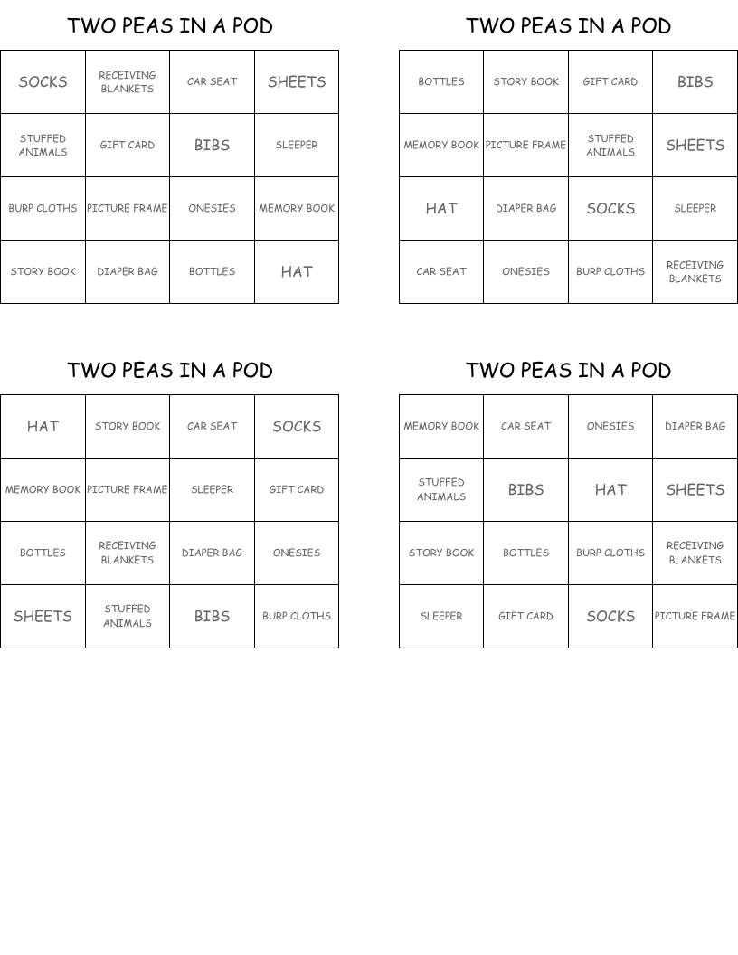 TWO PEAS IN A POD Bingo Cards