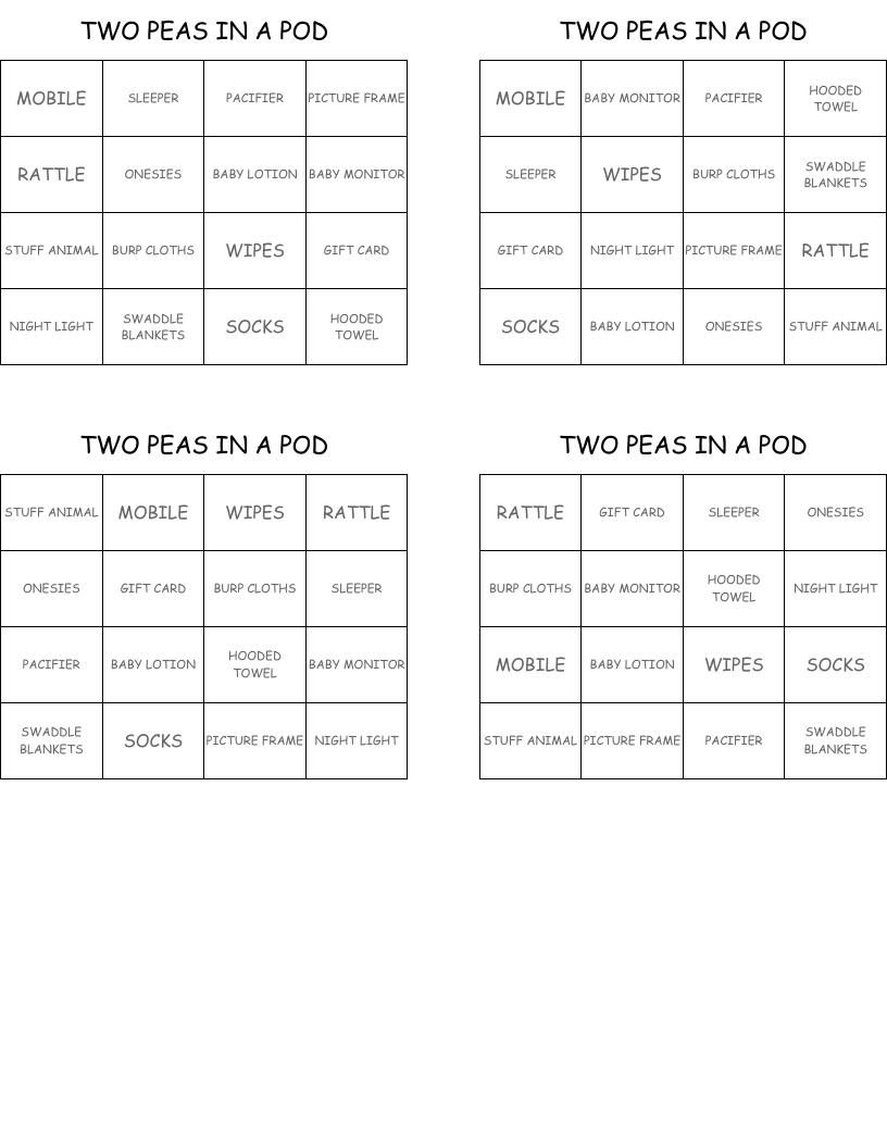 TWO PEAS IN A POD Bingo Cards