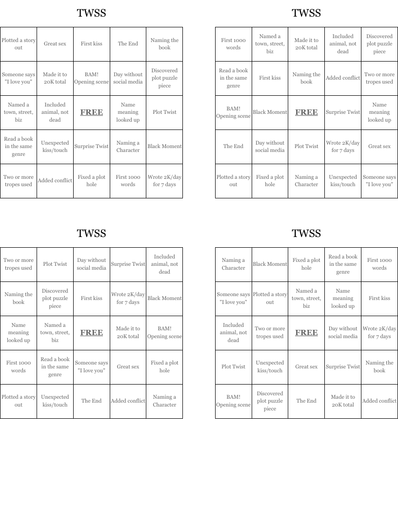 TWSS Bingo Cards