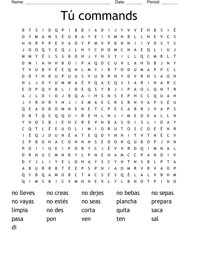 Tú commands Word Search