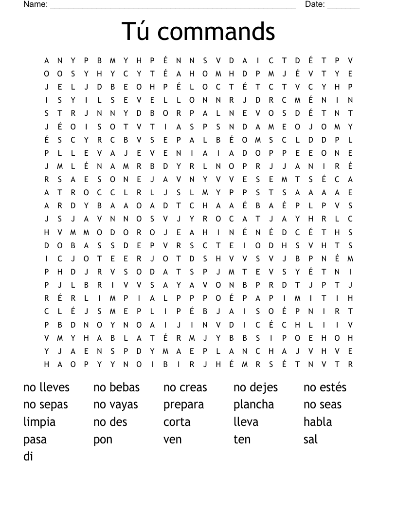 Tú commands Word Search