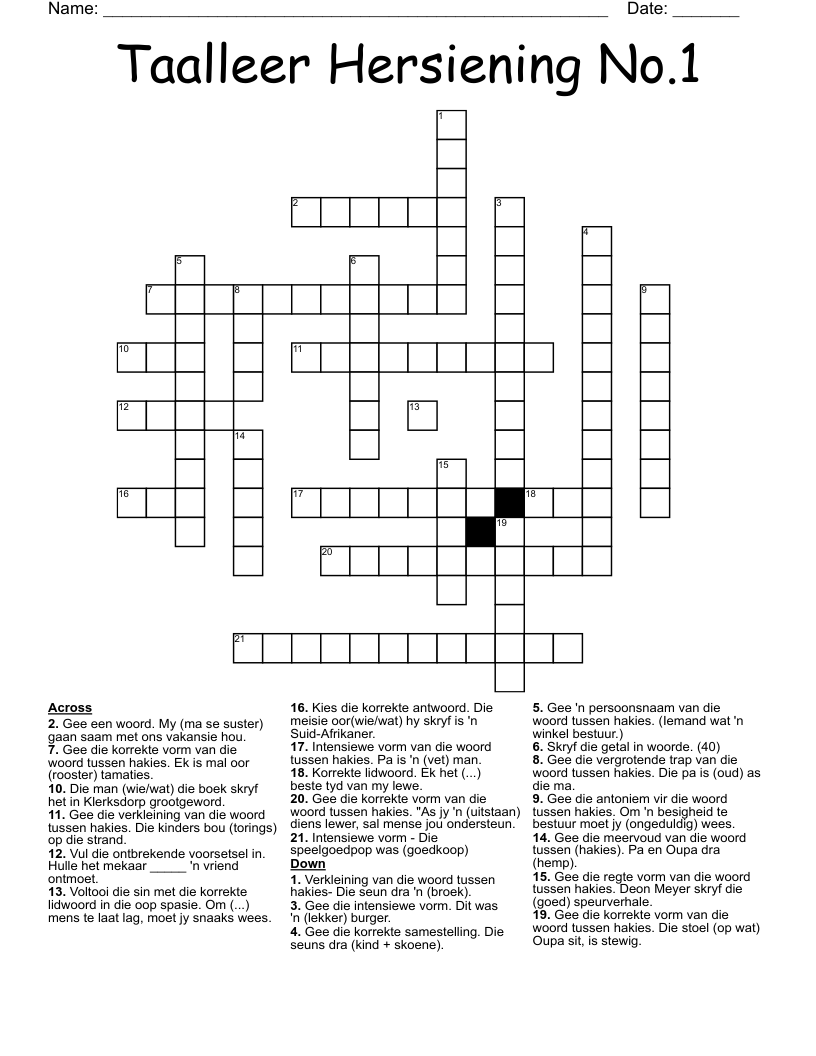 Taalleer Hersiening  No.1 Crossword