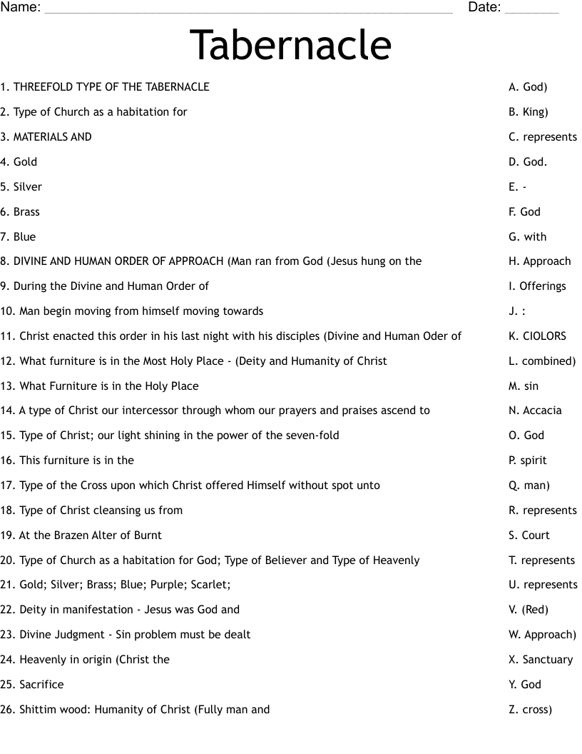 Tabernacle Worksheet