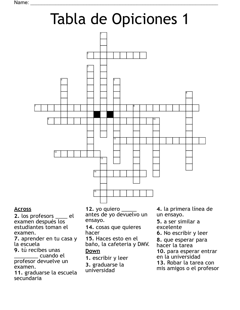 Tabla de Opiciones 1 Crossword
