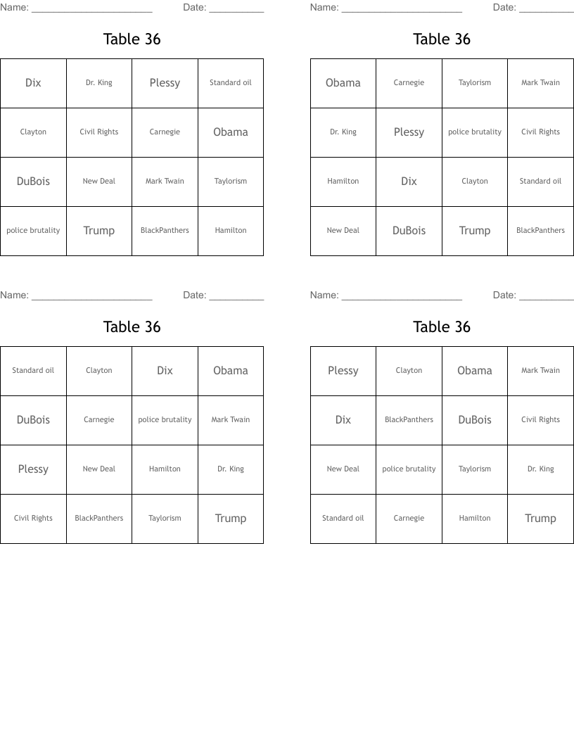 Table 36 Bingo Cards