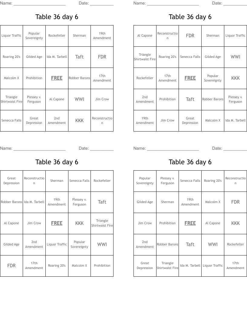 Table 36 day 6 Bingo Cards