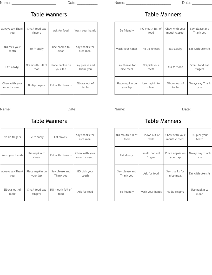 Table Manners Bingo Cards