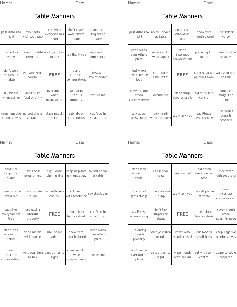 Table Manners Bingo Cards