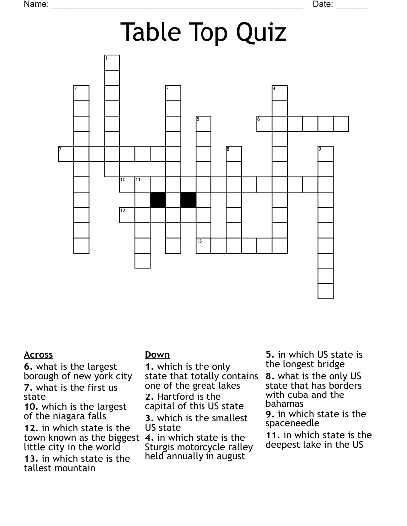 Table Top Quiz Crossword