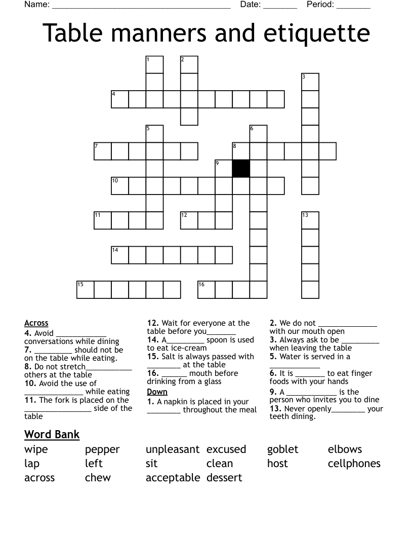 Table manners and etiquette Crossword