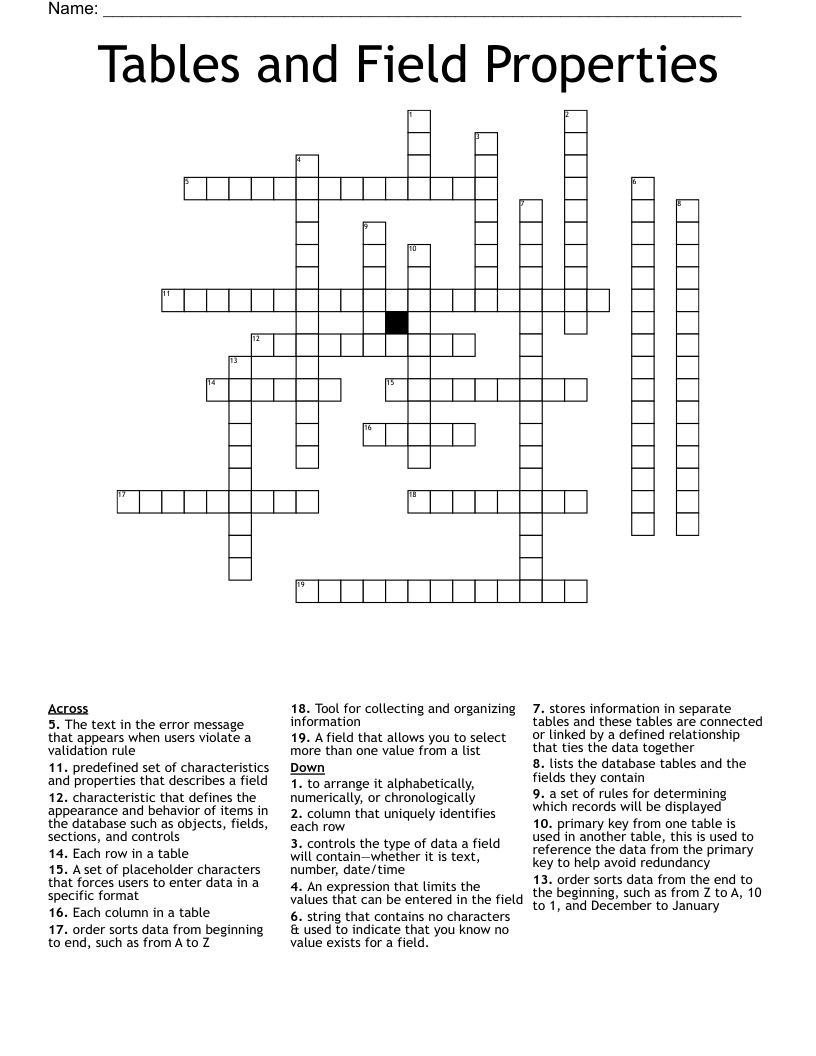 Tables and Field Properties Crossword