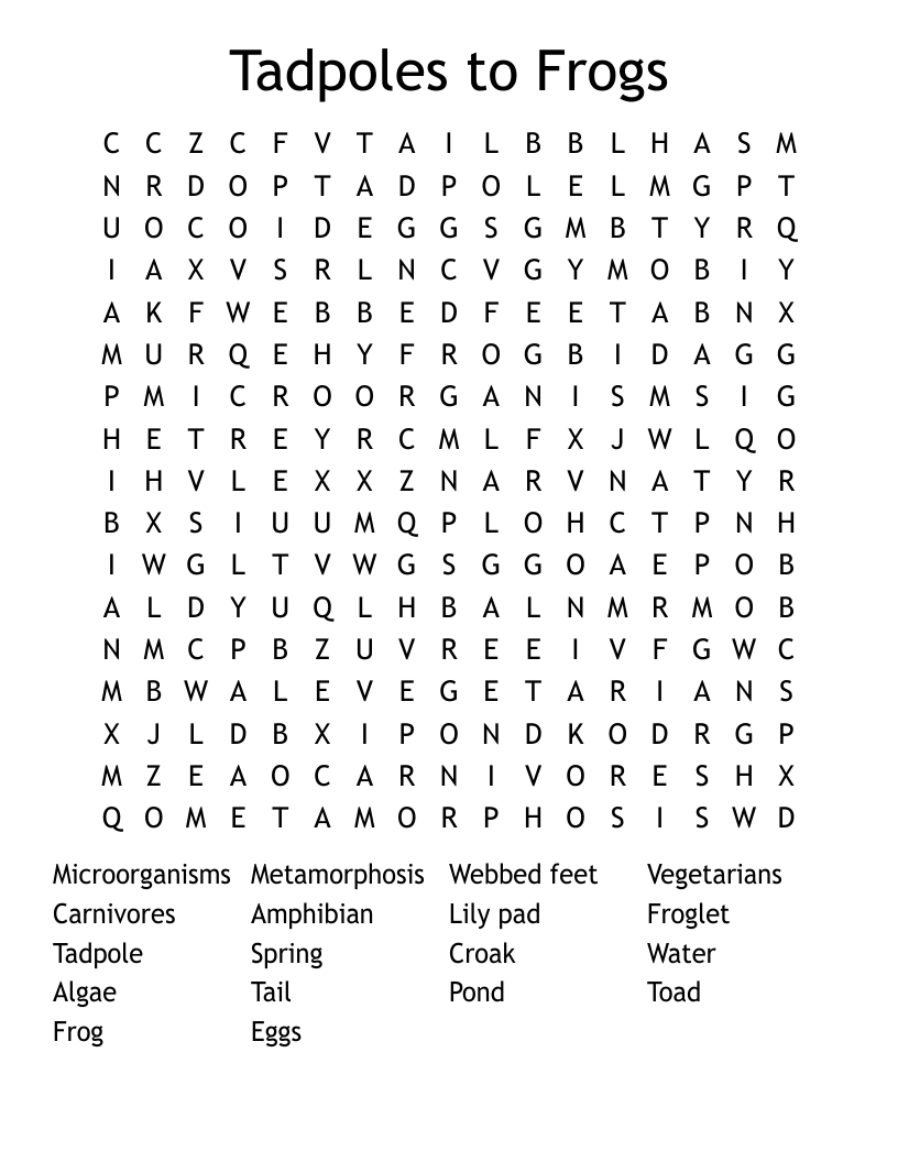Tadpoles to Frogs Word Search