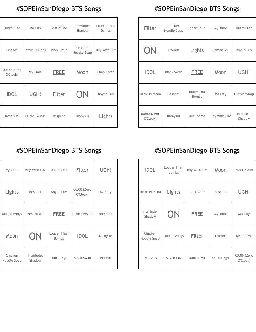 #SOPEinSanDiego BTS Songs  Bingo Cards