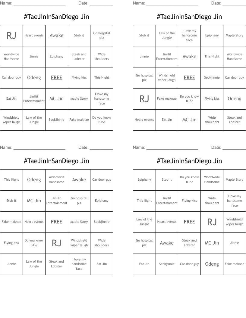 #TaeJinInSanDiego Jin Bingo Cards