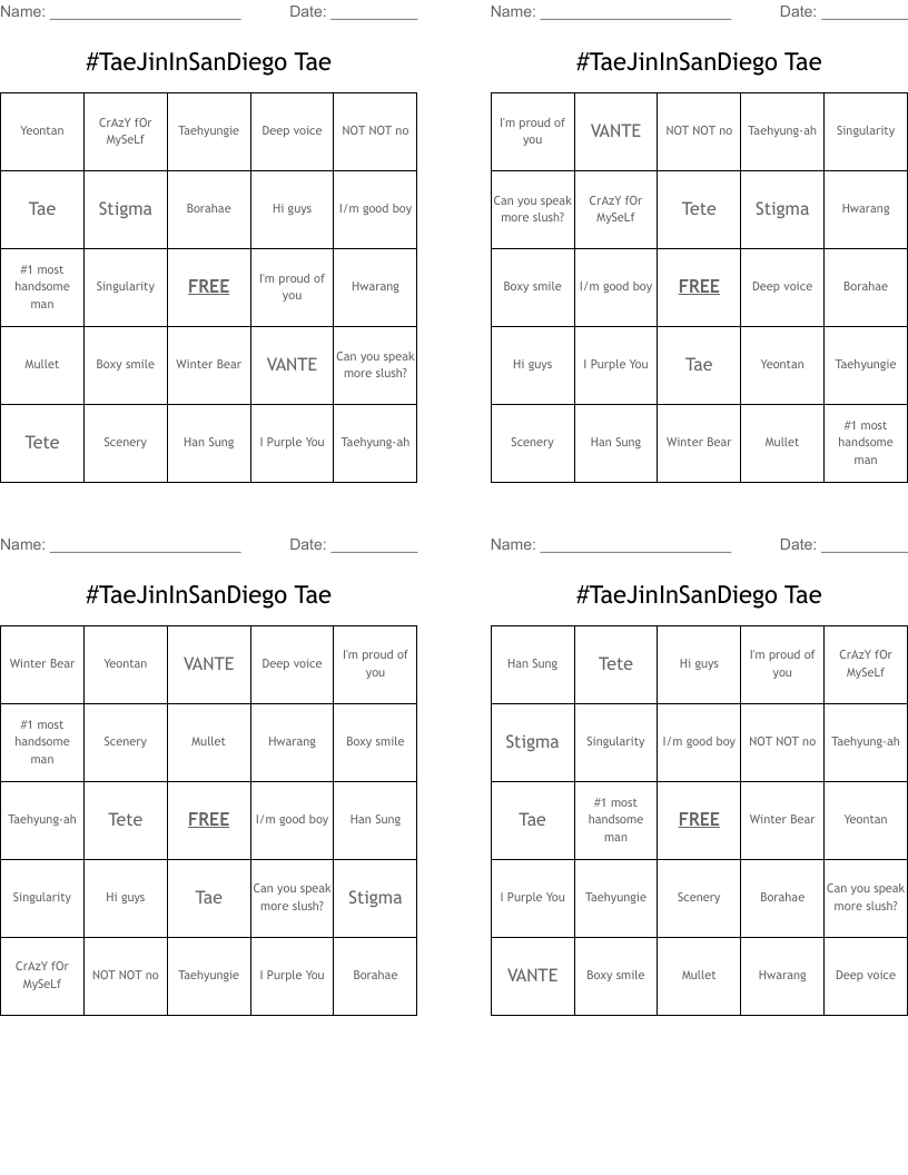 #TaeJinInSanDiego Tae Bingo Cards