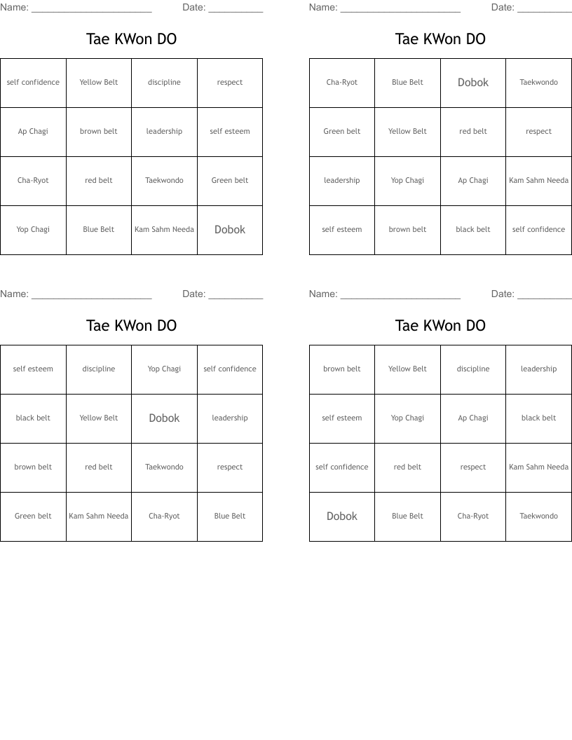 Tae KWon DO  Bingo Cards