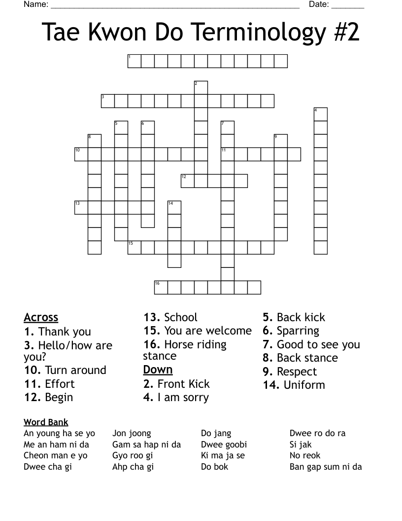 Tae Kwon Do Terminology #2 Crossword