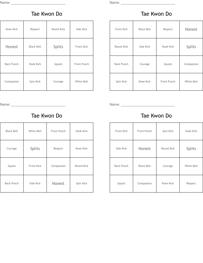 Tae Kwon Do  Bingo Cards