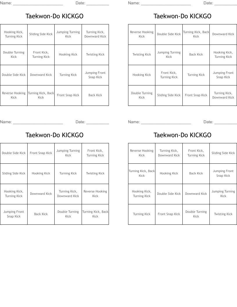 Taekwon-Do KICKGO Bingo Cards