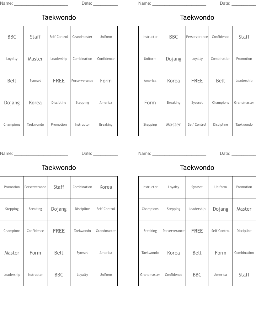 Taekwondo Bingo Cards