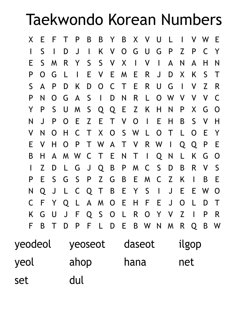 Taekwondo Korean Numbers Word Search