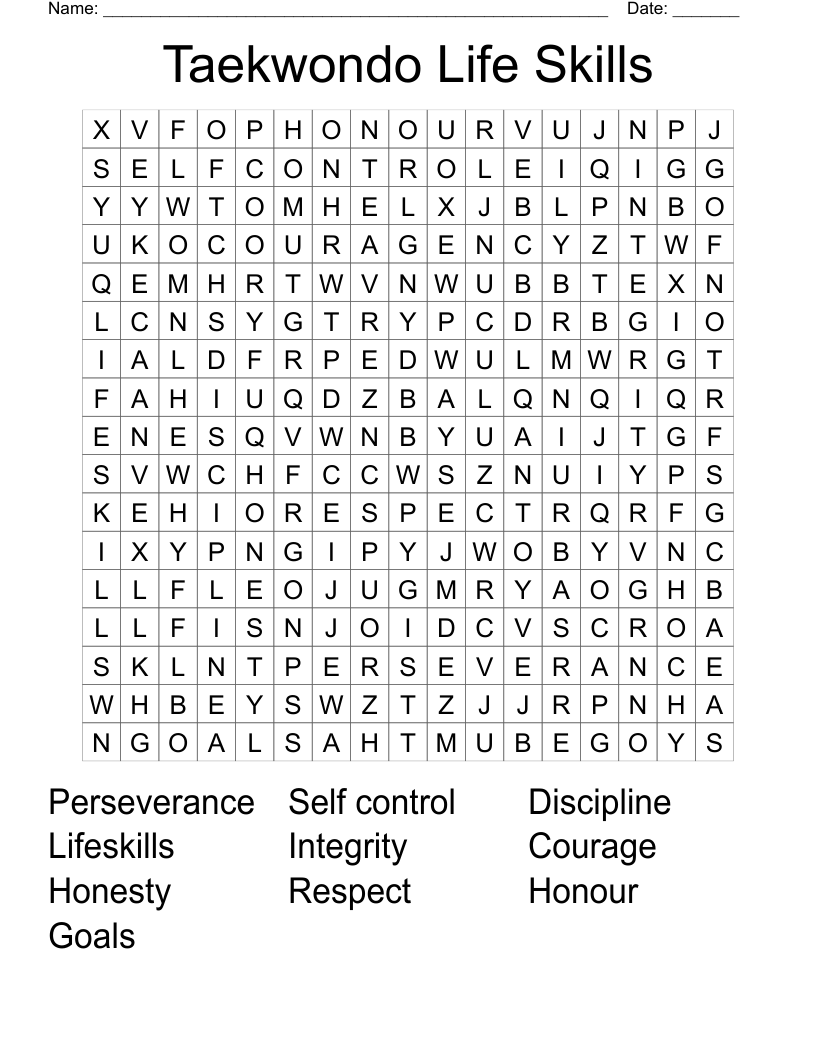 Taekwondo Life Skills Word Search