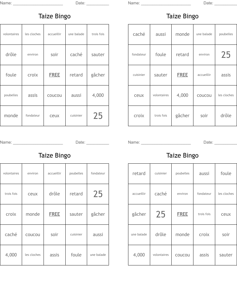 Taize Bingo