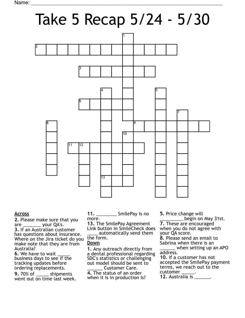 Take 5 Recap 5/24 - 5/30 Crossword