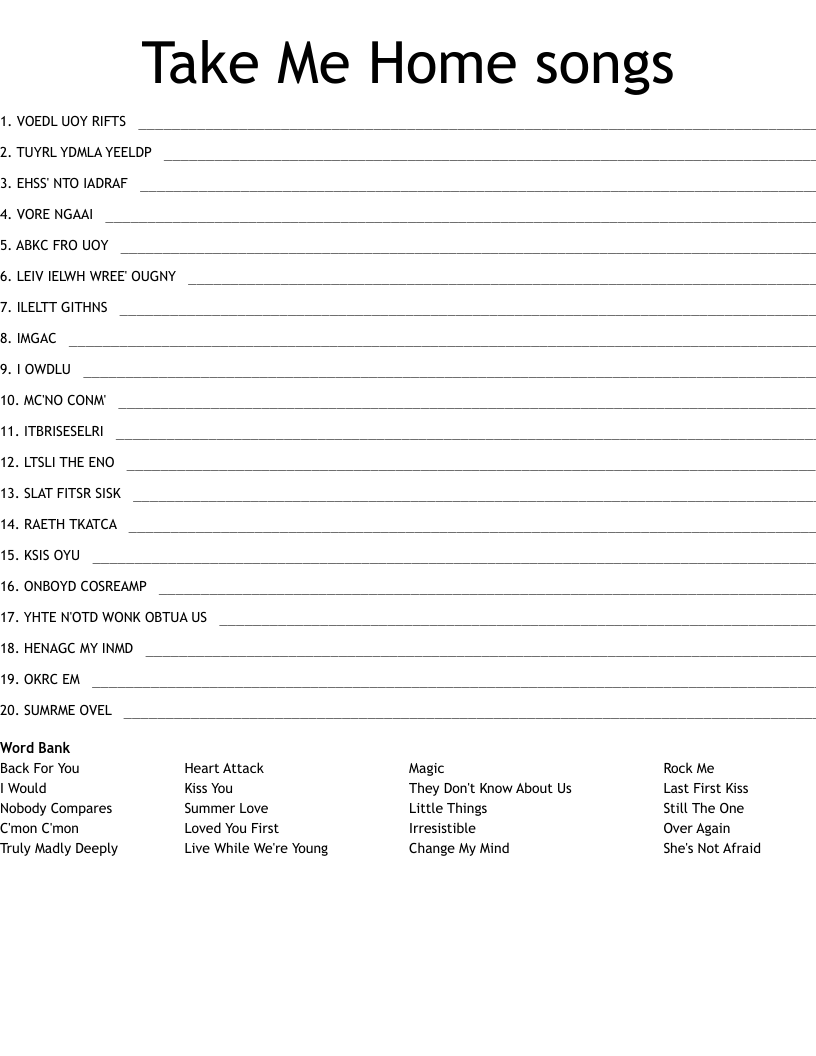 Take Me Home songs Word Scramble