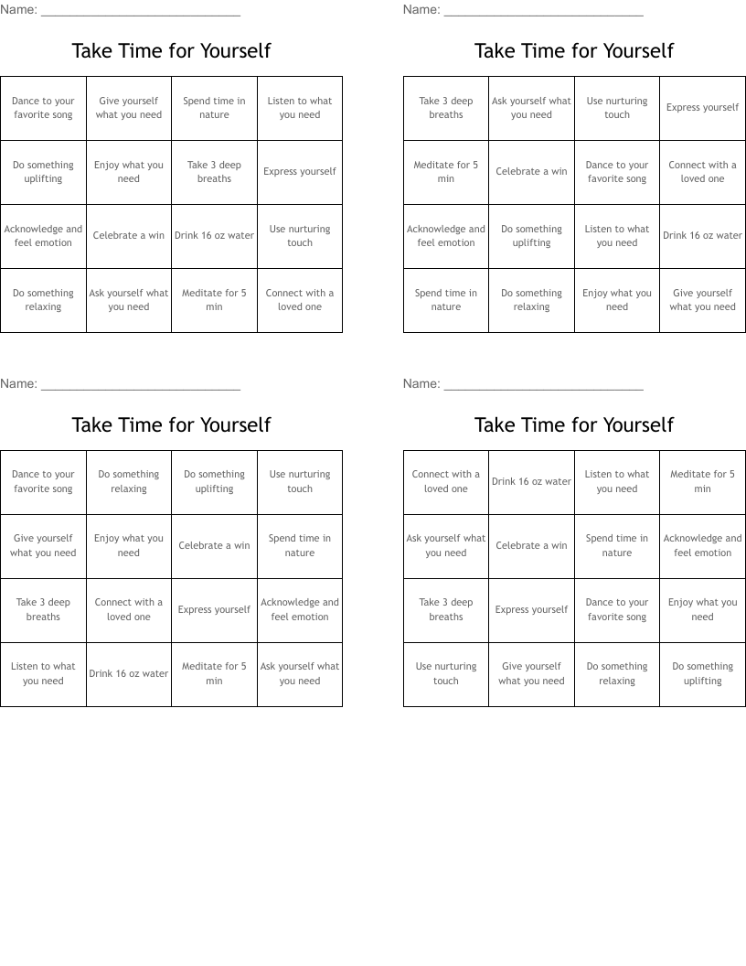 Take Time for Yourself Bingo Cards