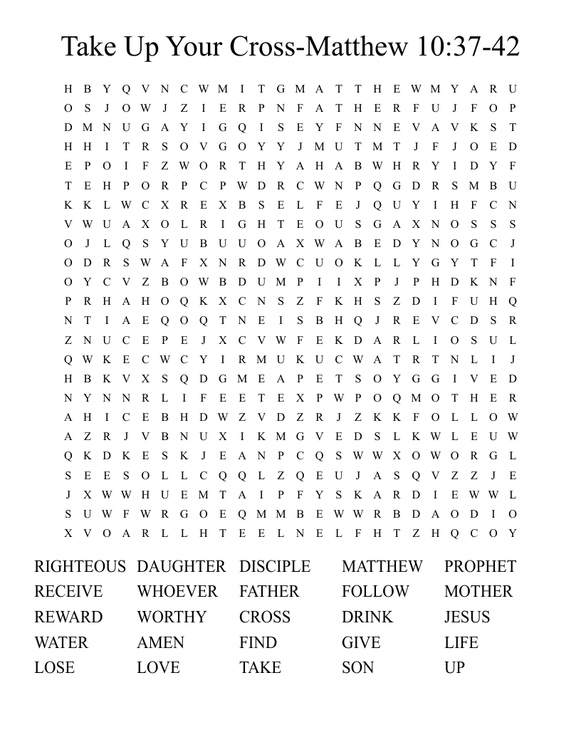 Take Up Your Cross-Matthew 10:37-42 Word Search