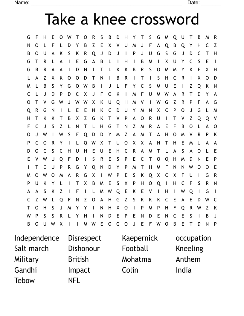 Take a knee crossword Word Search