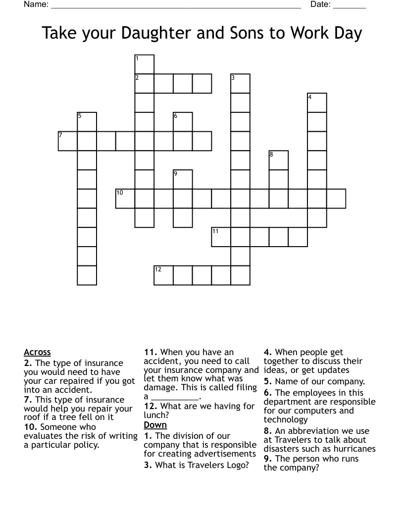 Take your Daughter and Sons to Work Day Crossword