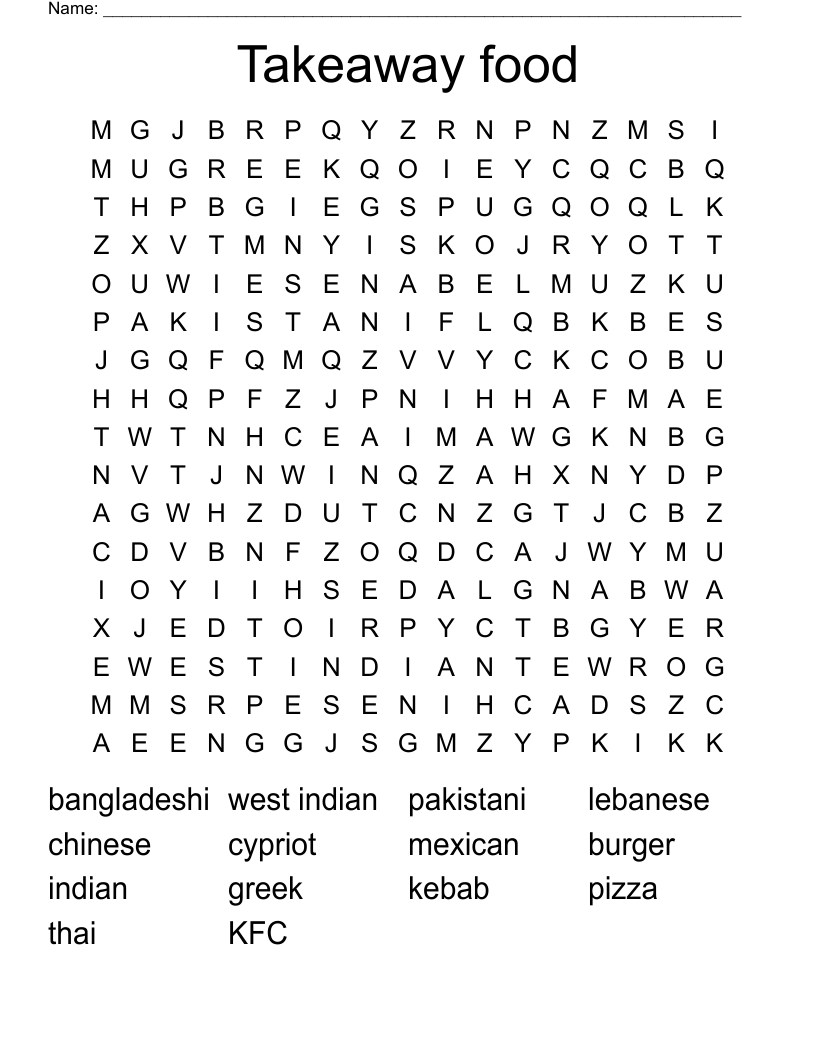 Takeaway food Word Search
