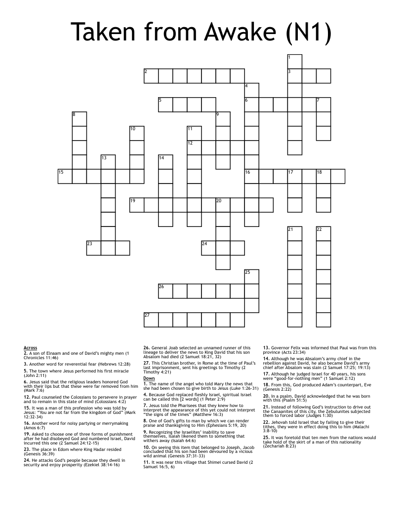 Taken from Awake (N1) Crossword