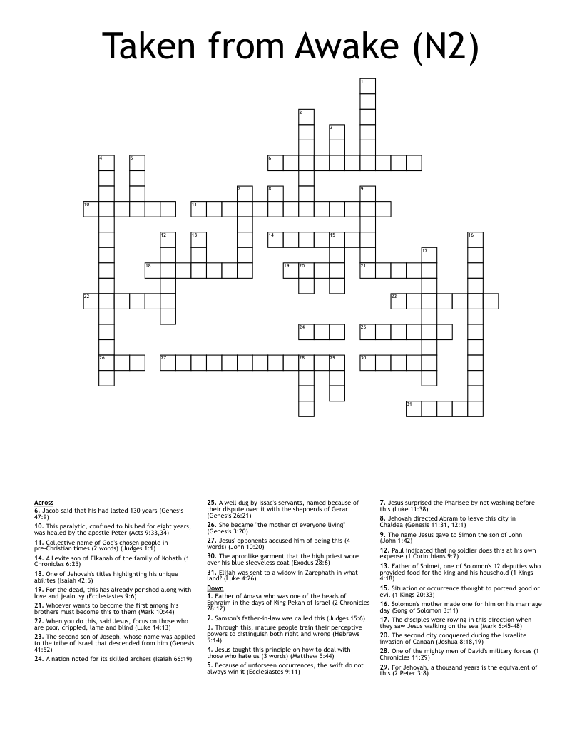 Taken from Awake (N2)  Crossword