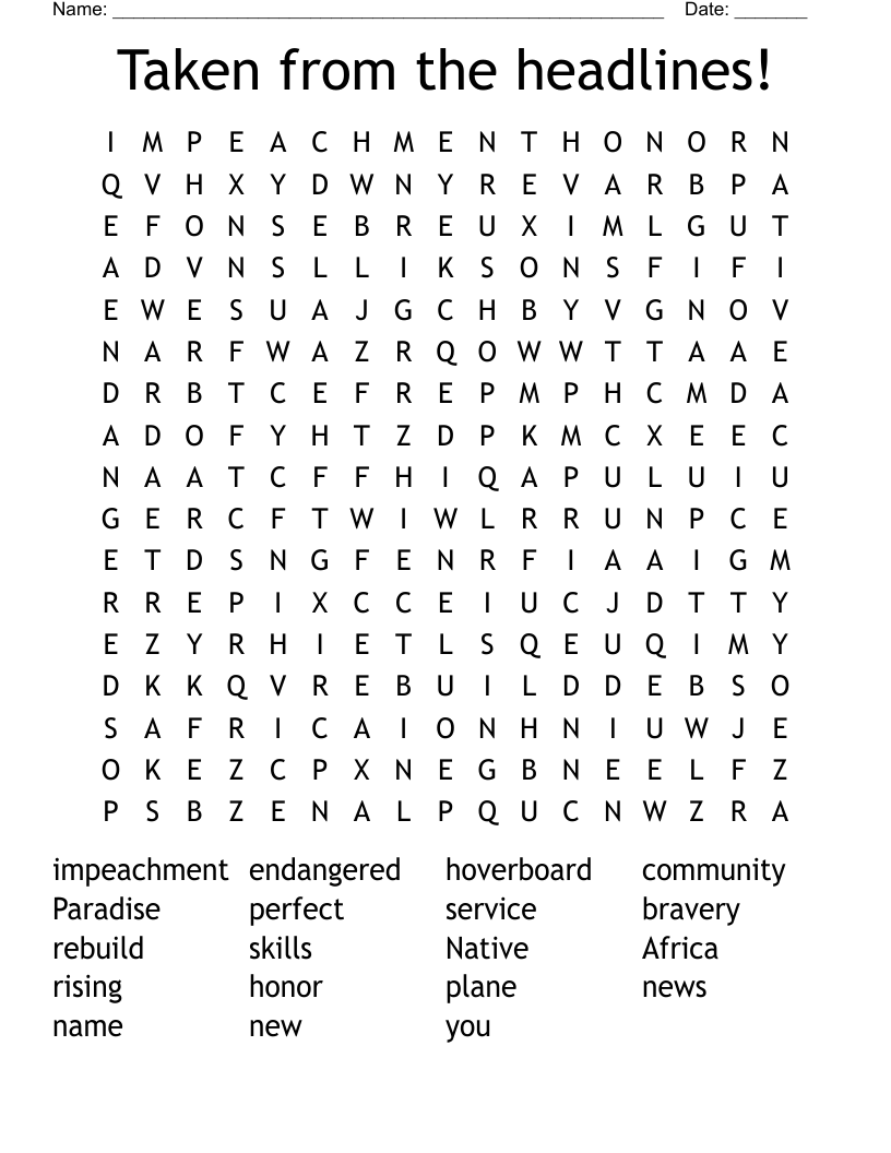Taken from the headlines! Word Search