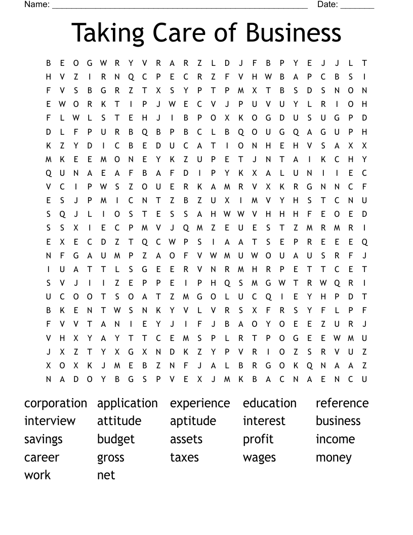 Taking Care of Business Word Search