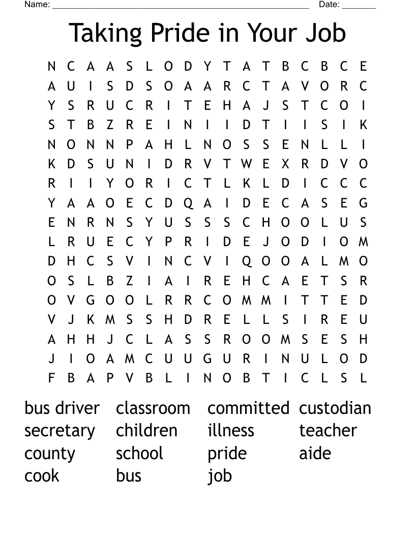 Taking Pride in Your Job Word Search