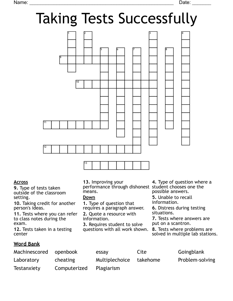 Taking Tests Successfully Crossword