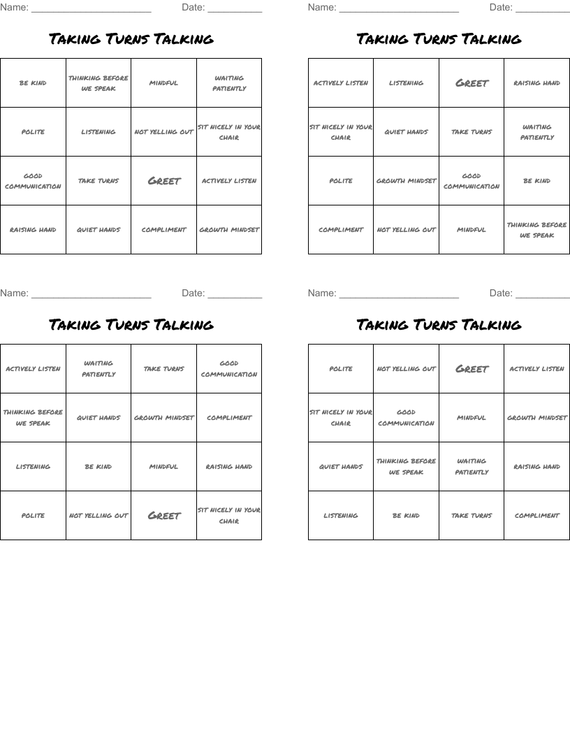 Taking Turns Talking  Bingo Cards