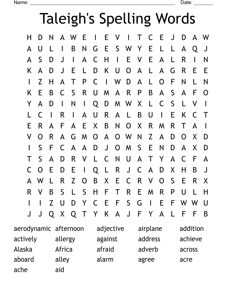Taleigh's Spelling Words Word Search