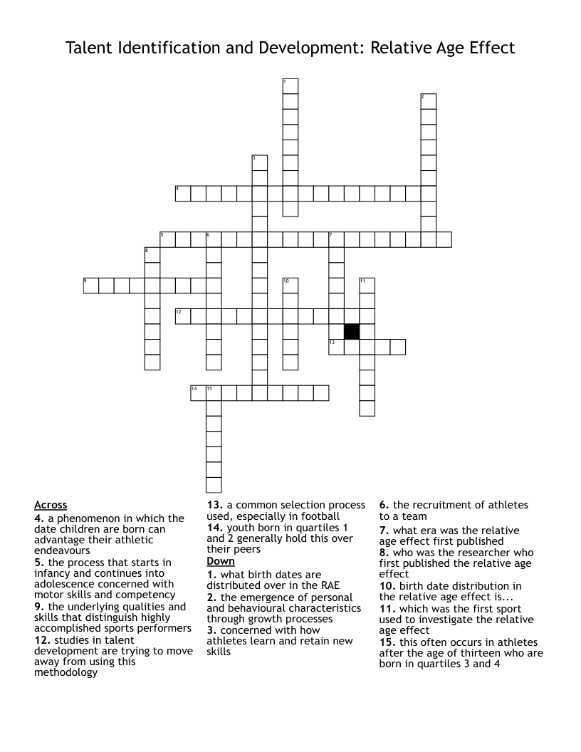 Talent Identification and Development:   Relative Age Effect Crossword